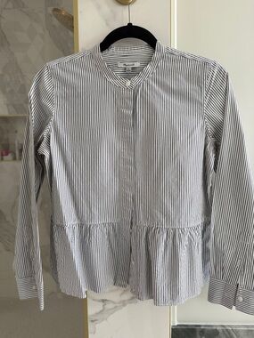 Madewell Striped Peplum Button-Up Shirt in White & Gray